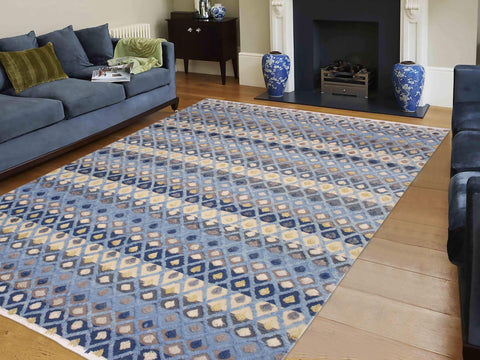 handmade Geometric Moroccan Hi Lt. Blue Ivory Hand Knotted RECTANGLE 100% WOOL area rug 9' x 12'