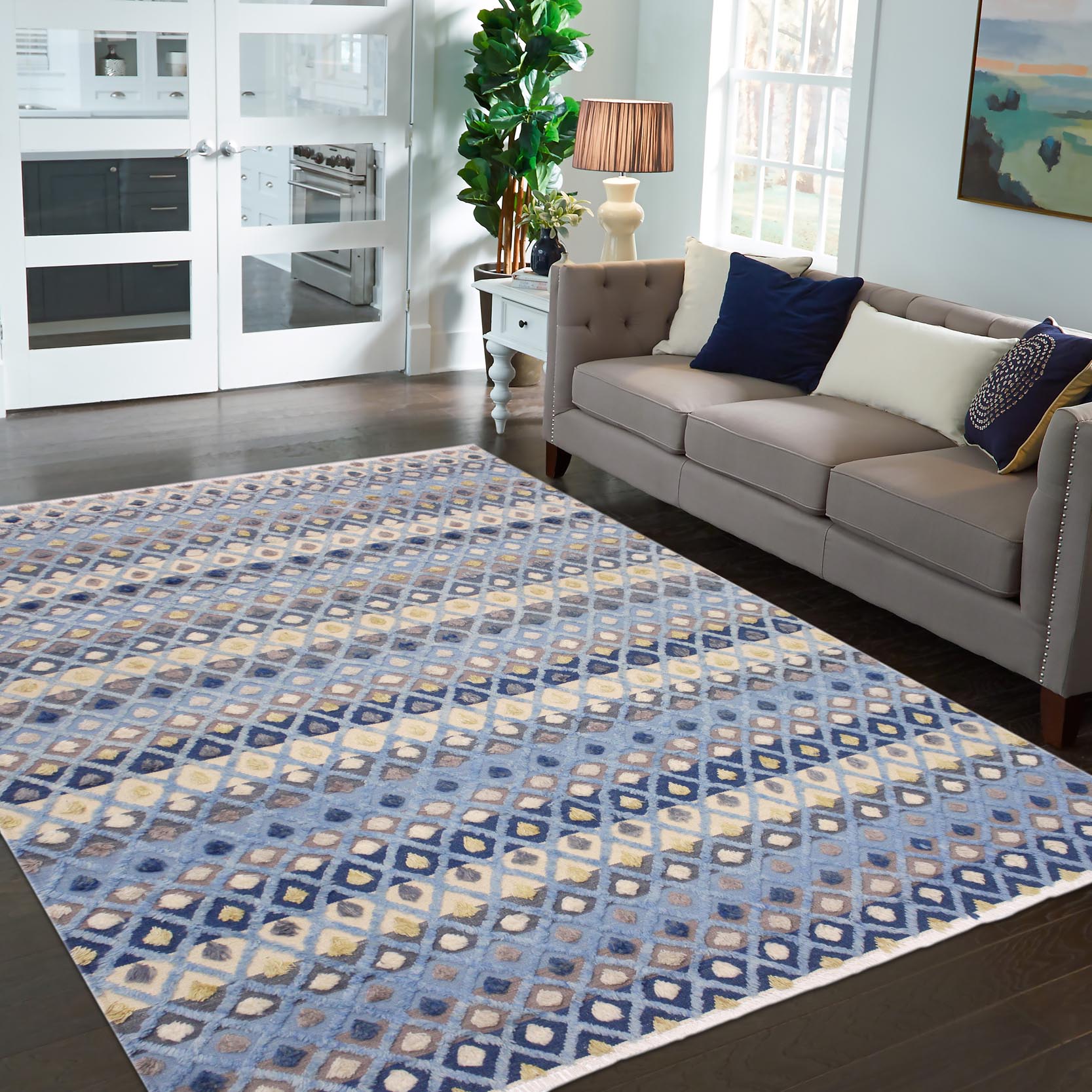 handmade Geometric Moroccan Hi Lt. Blue Ivory Hand Knotted RECTANGLE 100% WOOL area rug 8' x 10'