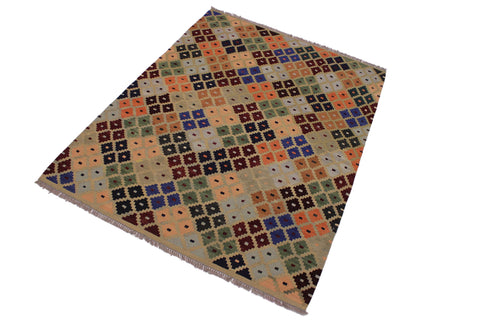 handmade Modern Kilim Tan Blue Hand-Woven RECTANGLE 100% WOOL area rug 5x7