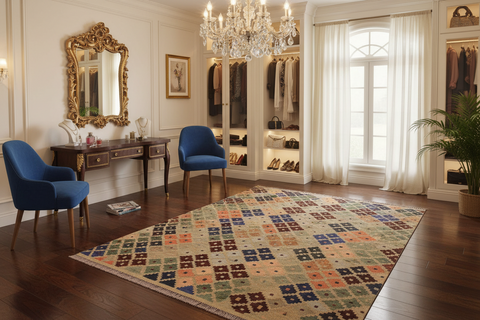 handmade Modern Kilim Tan Blue Hand-Woven RECTANGLE 100% WOOL area rug 5x7
