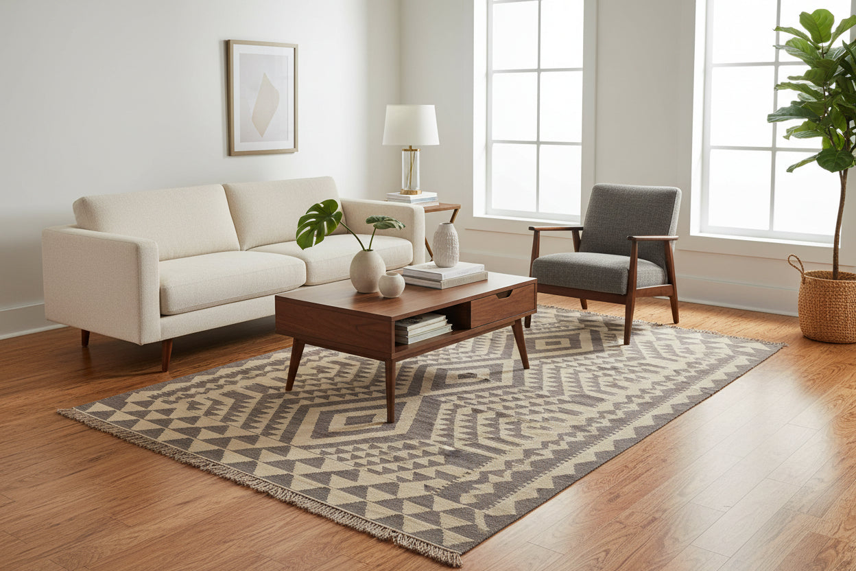 handmade Modern Kilim Gray Tan Hand-Woven RECTANGLE 100% WOOL area rug 6 x 8