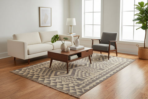 handmade Modern Kilim Gray Tan Hand-Woven RECTANGLE 100% WOOL area rug 6 x 8