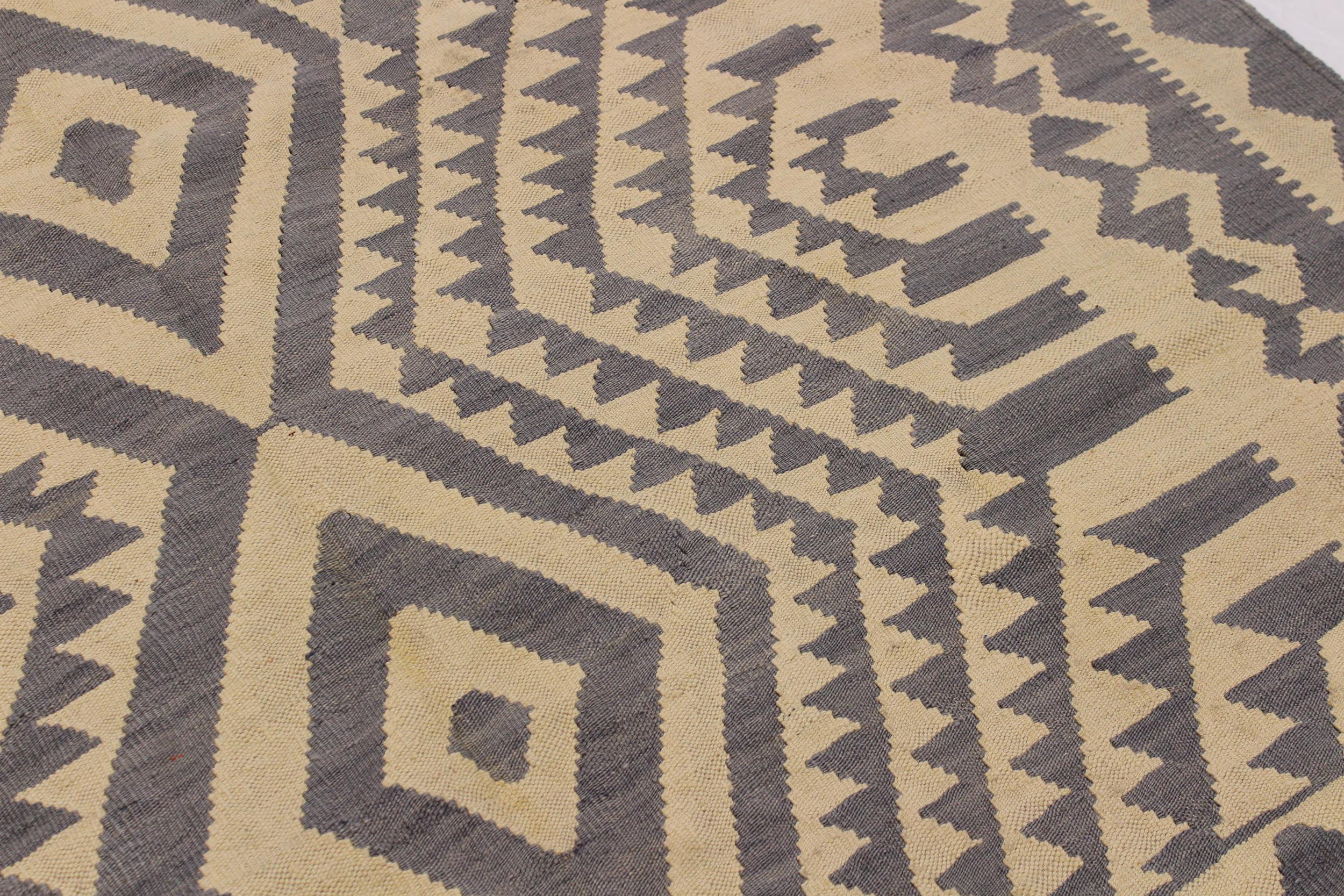handmade Modern Kilim Gray Tan Hand-Woven RECTANGLE 100% WOOL area rug 6 x 8
