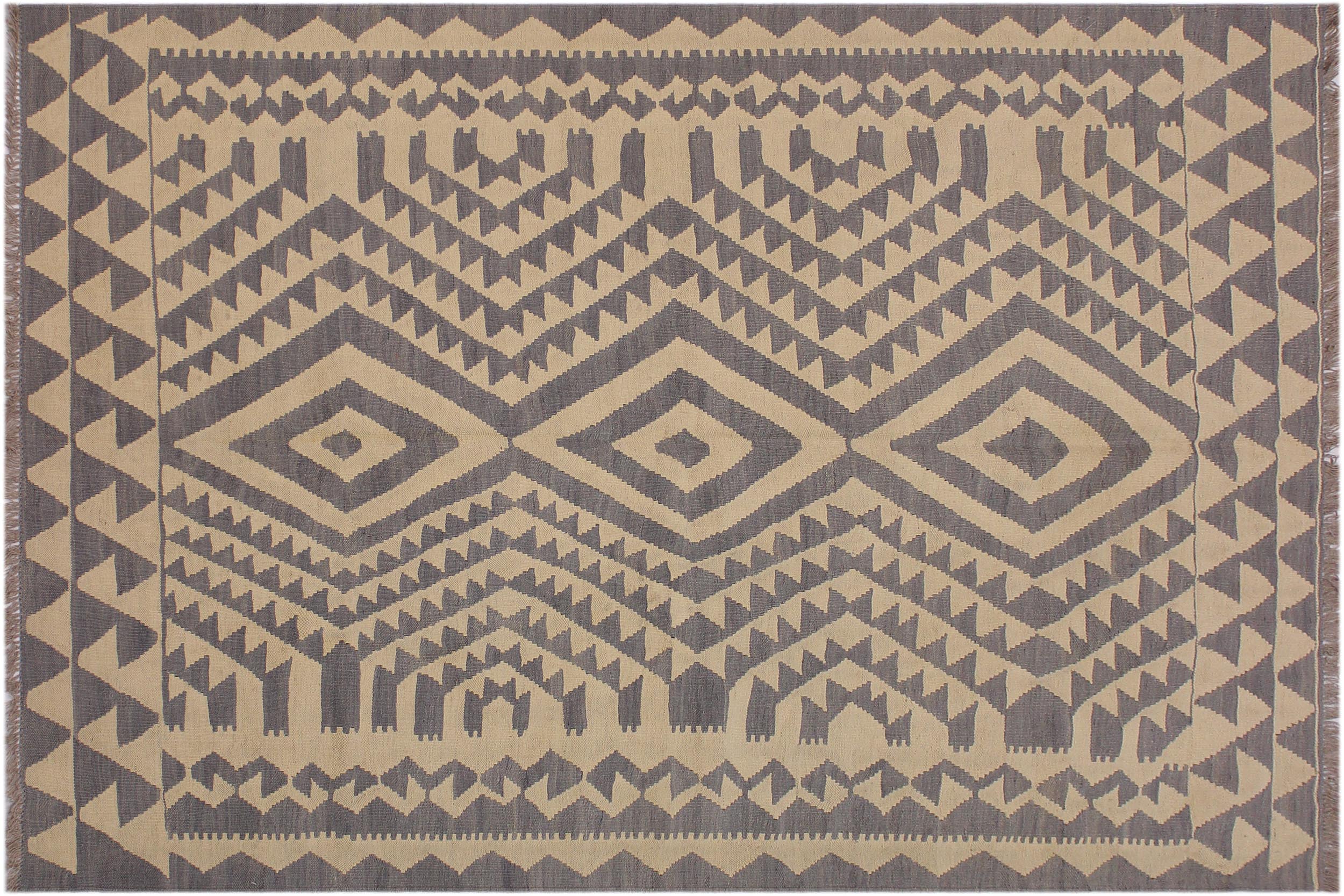 handmade Modern Kilim Gray Tan Hand-Woven RECTANGLE 100% WOOL area rug 6 x 8