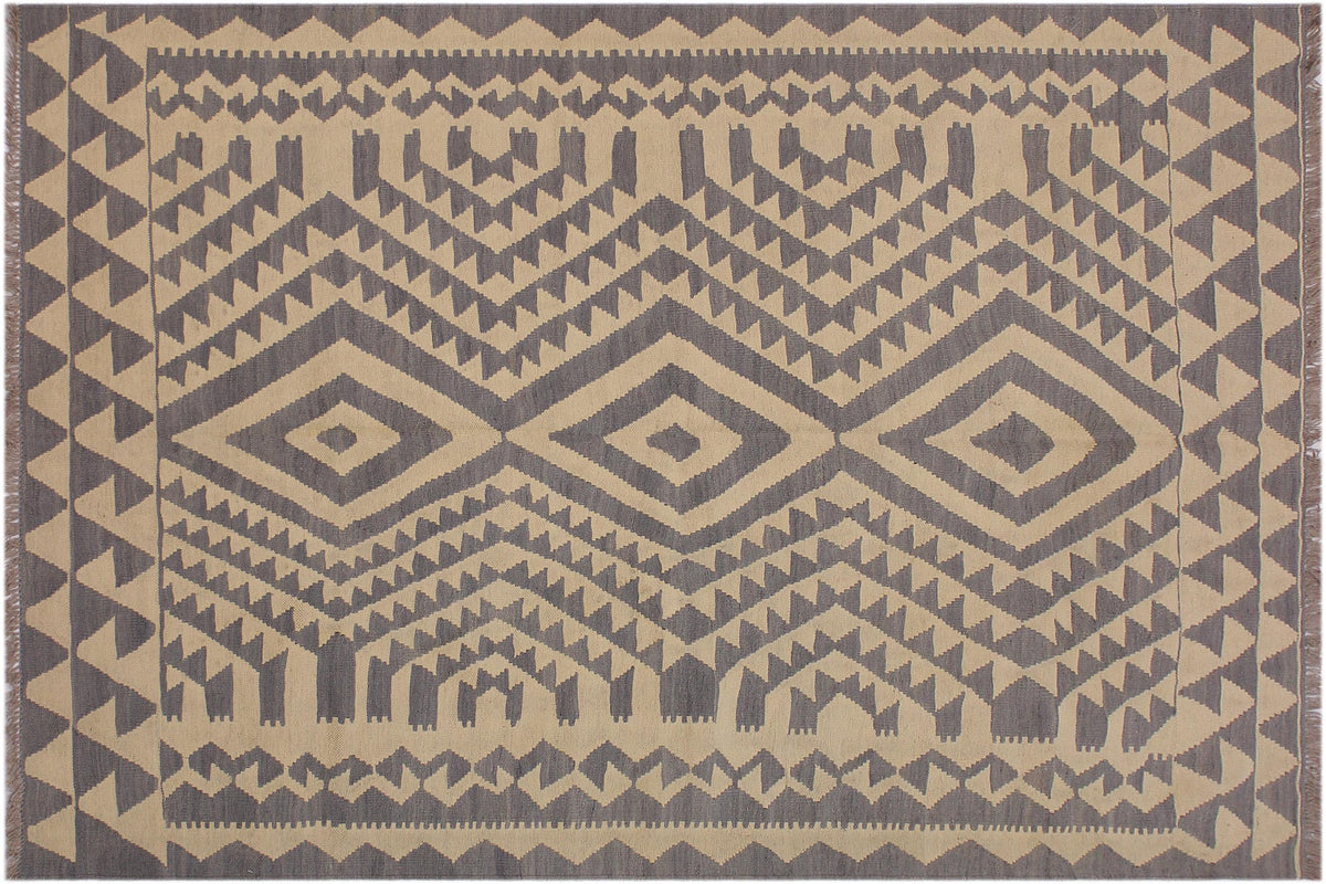 handmade Modern Kilim Gray Tan Hand-Woven RECTANGLE 100% WOOL area rug 6 x 8