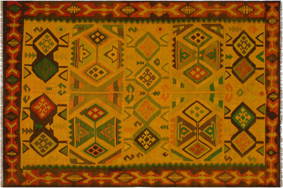 handmade Geometric Kilim Gold Rust Hand-Woven RECTANGLE 100% WOOL area rug 8 x 11