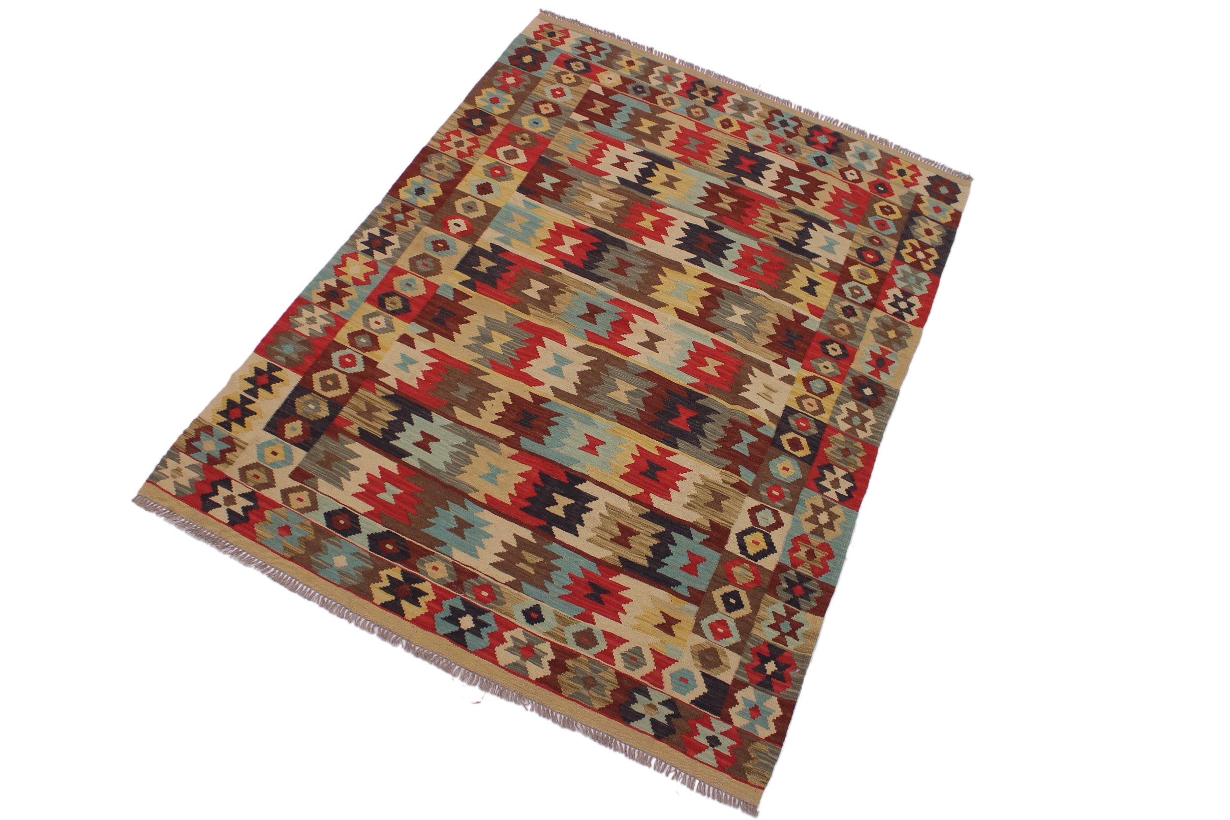 handmade Geometric Kilim Beige Blue Hand-Woven RECTANGLE 100% WOOL area rug 5 x 7
