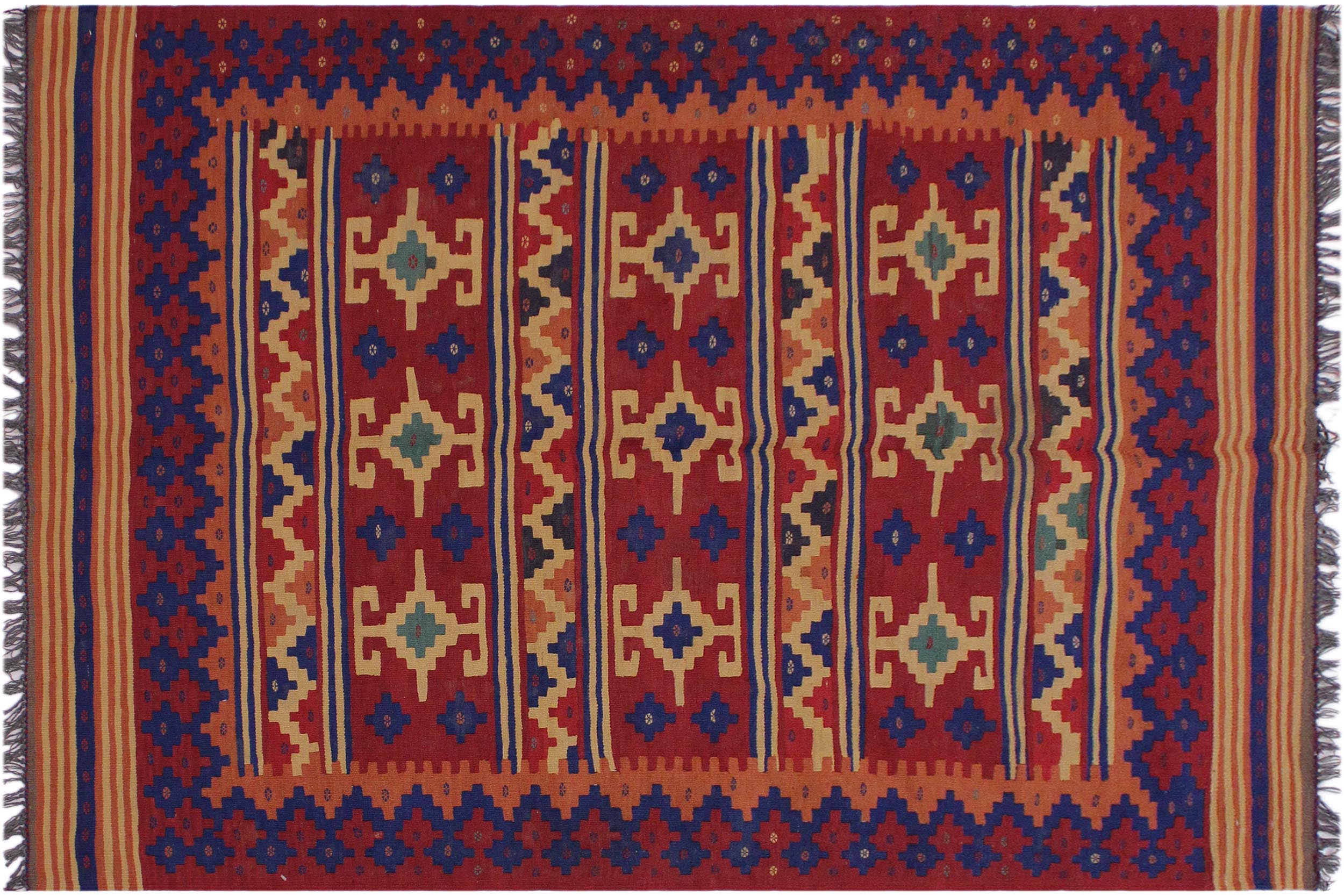 handmade Geometric Kilim Red Blue Hand-Woven RECTANGLE 100% WOOL area rug 4' x 7'