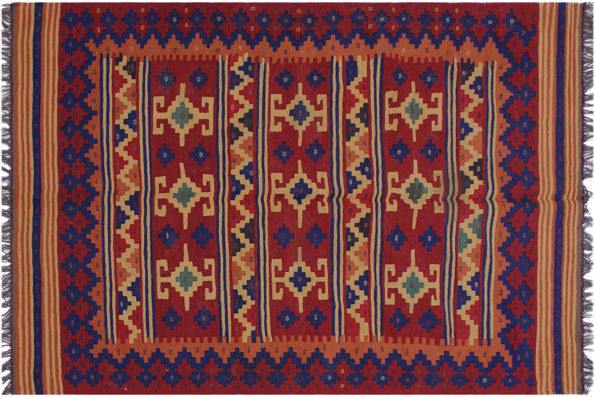 handmade Geometric Kilim Red Blue Hand-Woven RECTANGLE 100% WOOL area rug 4' x 7'