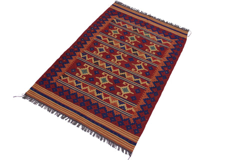 handmade Geometric Kilim Red Blue Hand-Woven RECTANGLE 100% WOOL area rug 4' x 7'