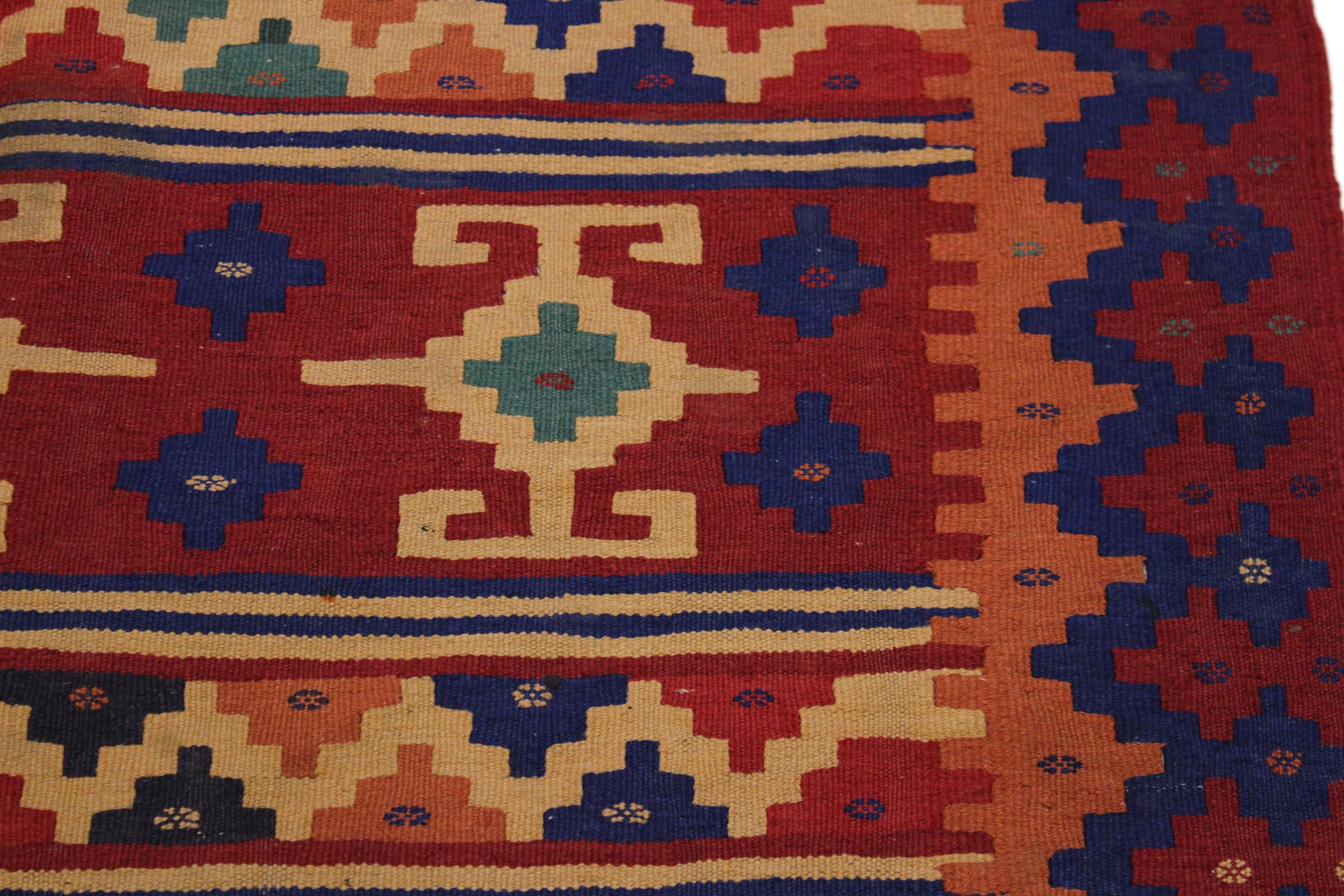 handmade Geometric Kilim Red Blue Hand-Woven RECTANGLE 100% WOOL area rug 4' x 7'