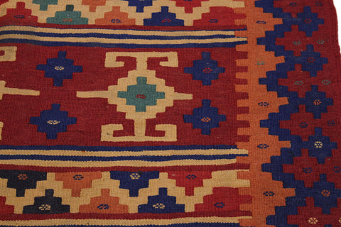 handmade Geometric Kilim Red Blue Hand-Woven RECTANGLE 100% WOOL area rug 4' x 7'