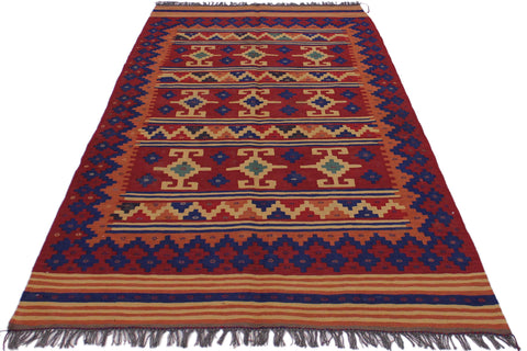 handmade Geometric Kilim Red Blue Hand-Woven RECTANGLE 100% WOOL area rug 4' x 7'