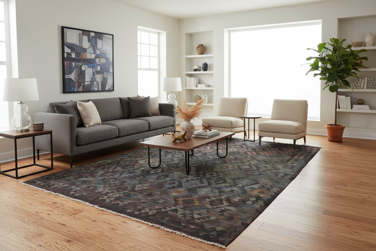 handmade Modern Kilim Brown Green Hand-Woven RECTANGLE 100% WOOL area rug 7 x 10