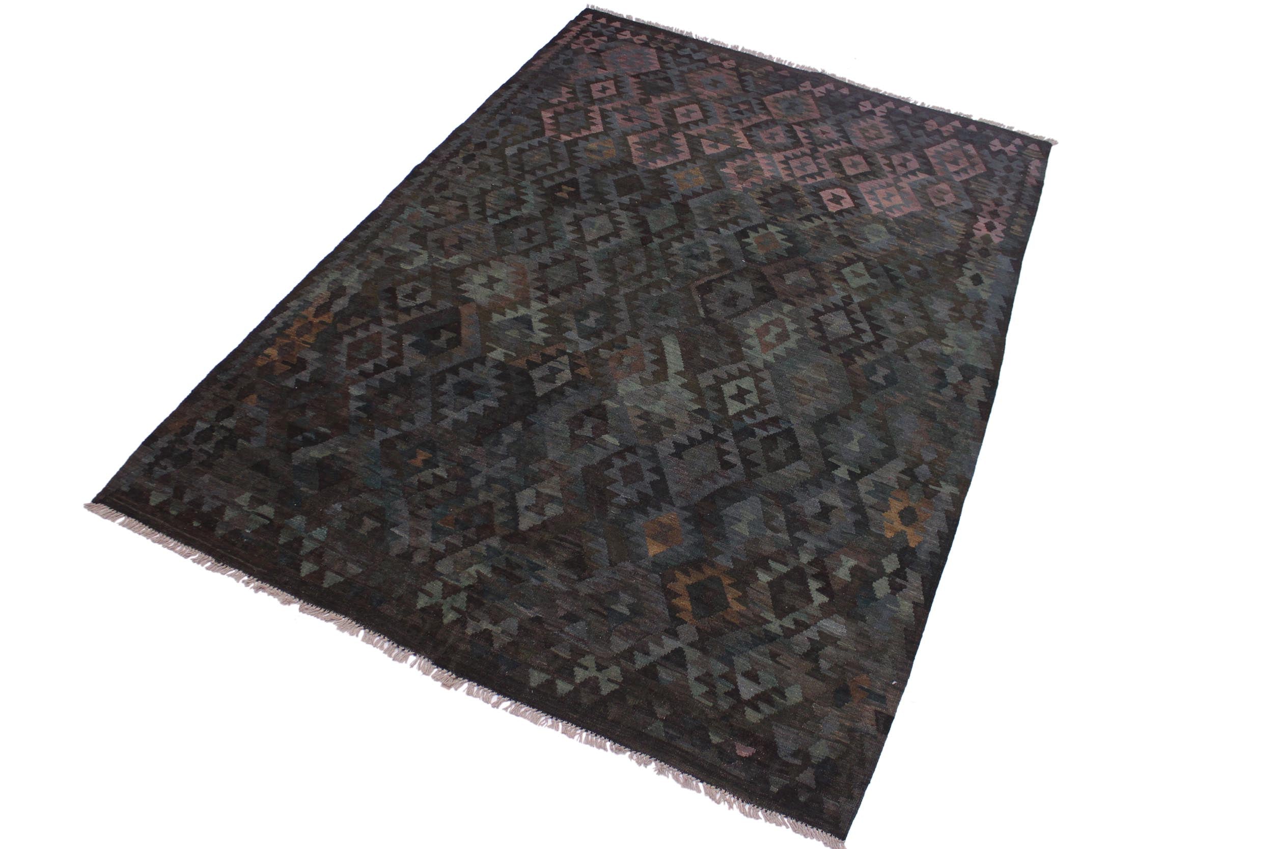 handmade Modern Kilim Brown Green Hand-Woven RECTANGLE 100% WOOL area rug 7 x 10