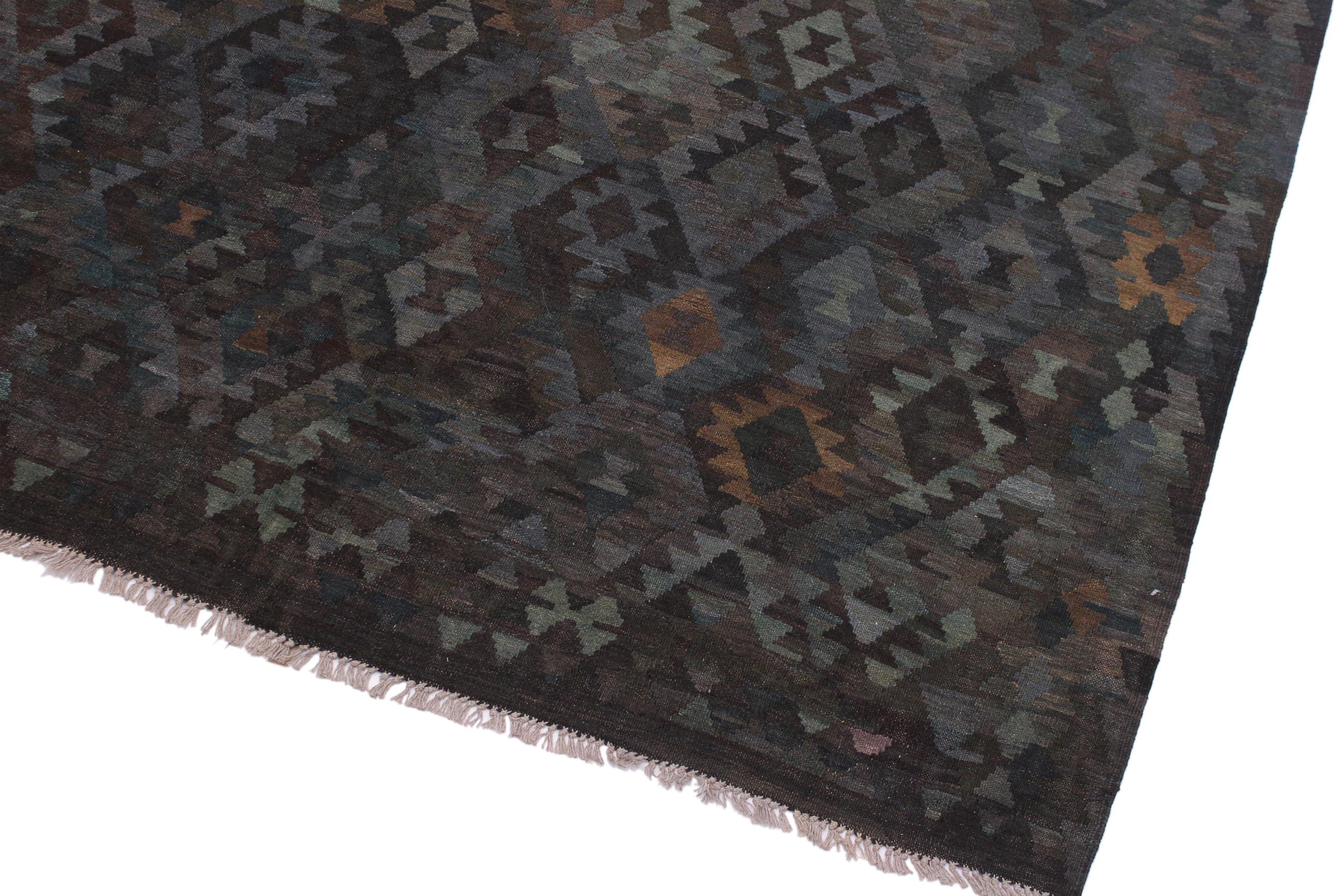 handmade Modern Kilim Brown Green Hand-Woven RECTANGLE 100% WOOL area rug 7 x 10