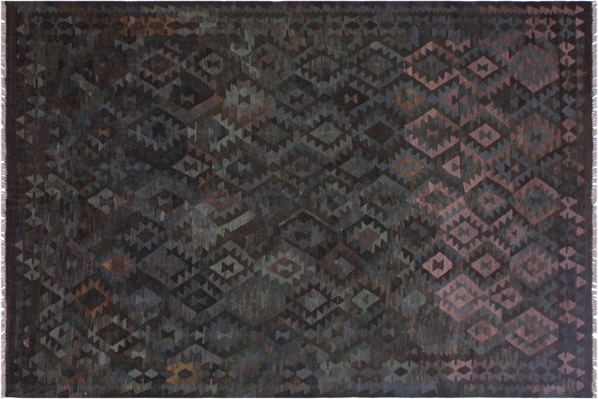 handmade Modern Kilim Brown Green Hand-Woven RECTANGLE 100% WOOL area rug 7 x 10