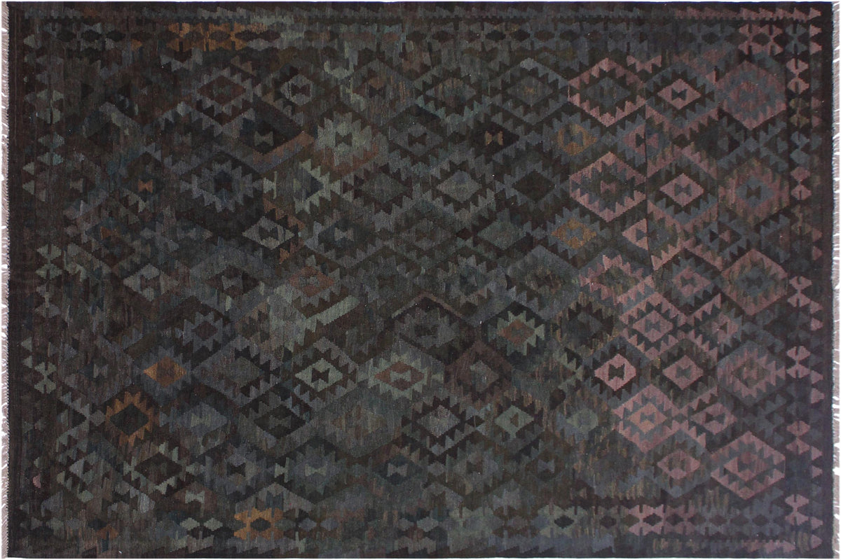 handmade Modern Kilim Brown Green Hand-Woven RECTANGLE 100% WOOL area rug 7 x 10