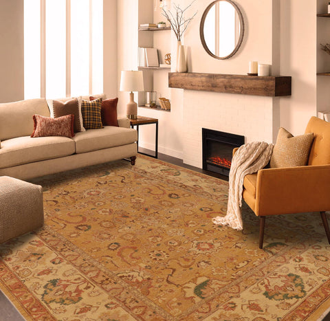 handmade Traditional Antique Gold Tan Hand Knotted RECTANGLE 100% WOOL area rug 9x12