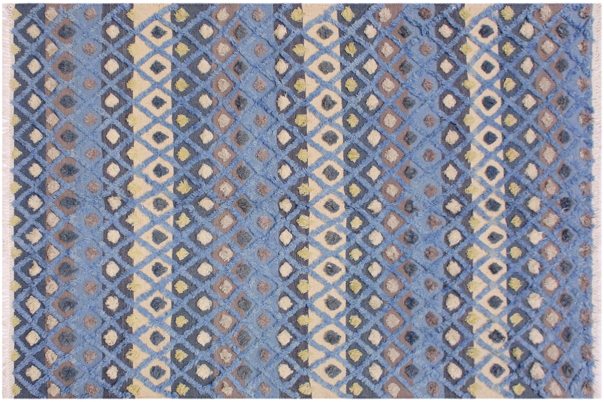handmade Geometric Moroccan Hi Lt. Blue Ivory Hand Knotted RECTANGLE 100% WOOL area rug 6' x 8'