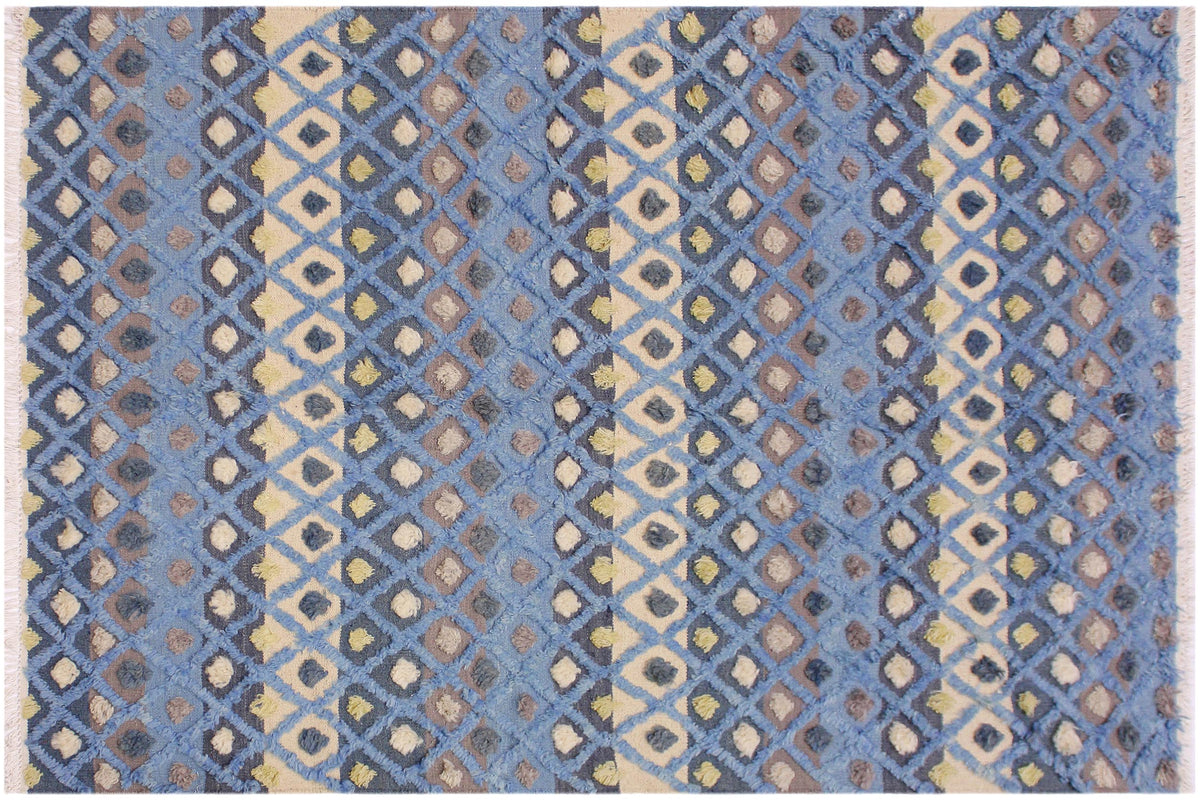 handmade Geometric Moroccan Hi Lt. Blue Ivory Hand Knotted RECTANGLE 100% WOOL area rug 6' x 8'