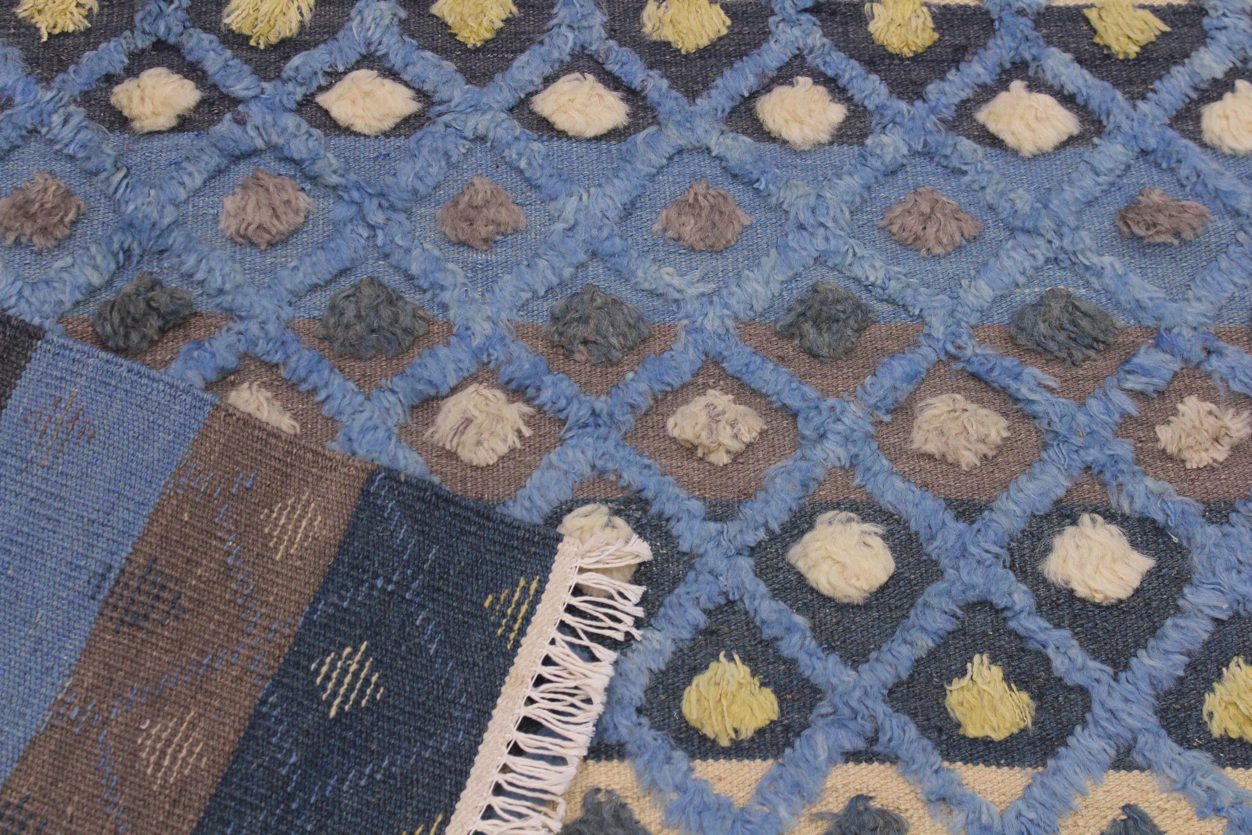 handmade Geometric Moroccan Hi Lt. Blue Ivory Hand Knotted RECTANGLE 100% WOOL area rug 6' x 8'