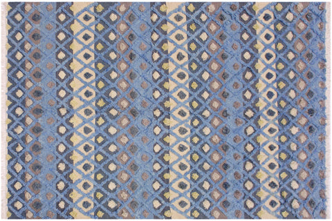 handmade Geometric Moroccan Hi Lt. Blue Ivory Hand Knotted RECTANGLE 100% WOOL area rug 6' x 8'