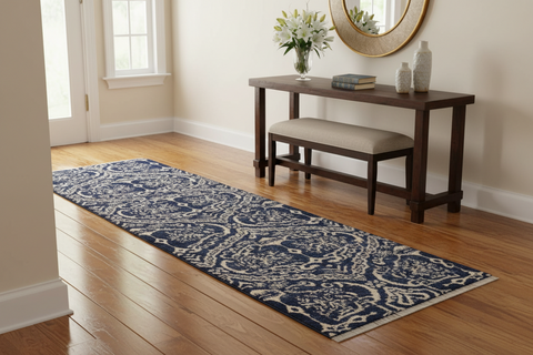 handmade Modern Kafkaz Blue Ivory Hand Knotted RUNNER WOOL&SILK area rug 2x6 