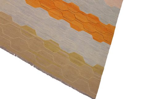 handmade Modern Kilim Blue Tan Hand-Woven RECTANGLE 100% WOOL area rug 10x14