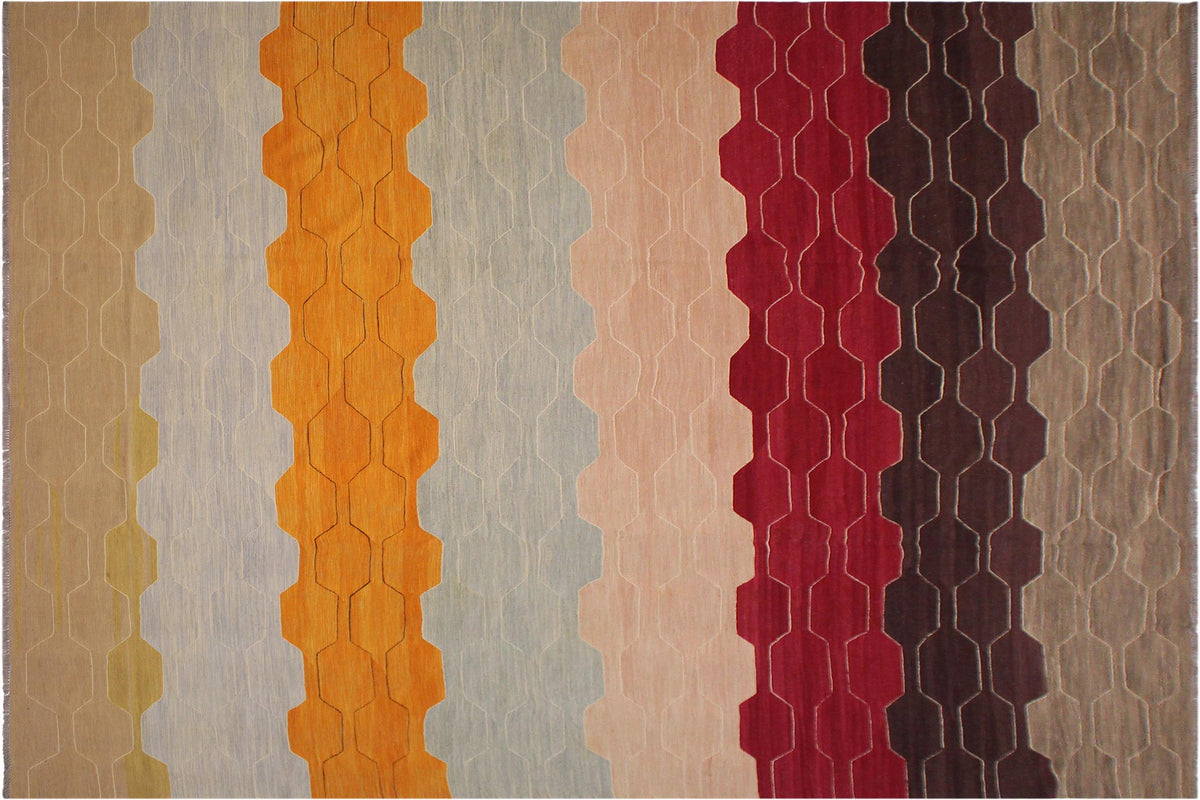 handmade Modern Kilim Blue Tan Hand-Woven RECTANGLE 100% WOOL area rug 10x14