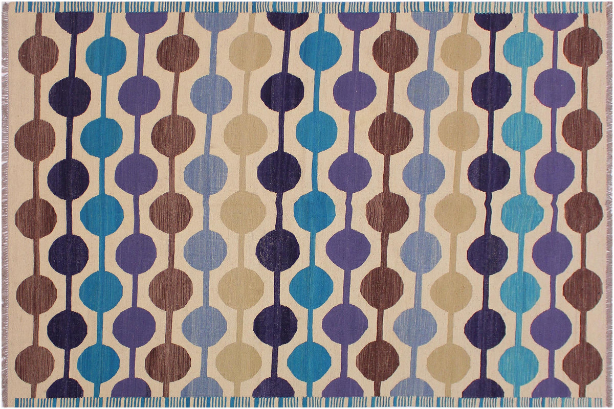 handmade Modern Kilim Beige Blue Hand-Woven RECTANGLE 100% WOOL area rug 6x8