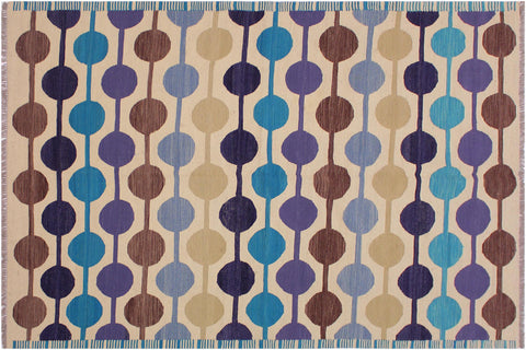 handmade Modern Kilim Beige Blue Hand-Woven RECTANGLE 100% WOOL area rug 6x8