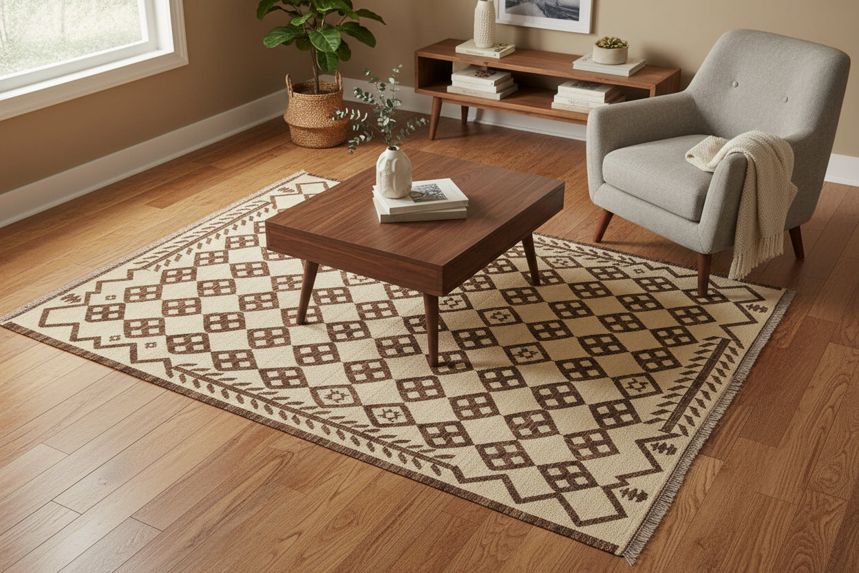 handmade Modern Kilim Beige Brown Hand-Woven RECTANGLE 100% WOOL area rug 6 x 8