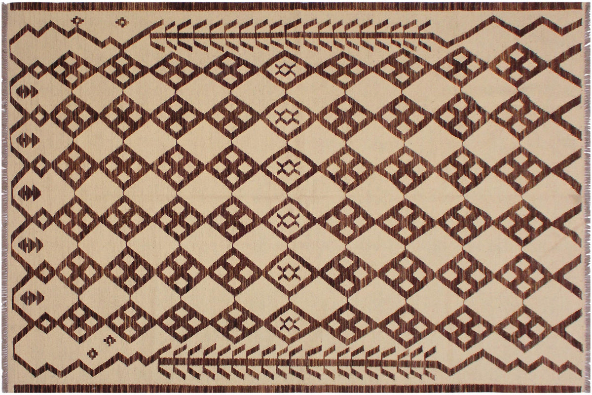 handmade Modern Kilim Beige Brown Hand-Woven RECTANGLE 100% WOOL area rug 6 x 8