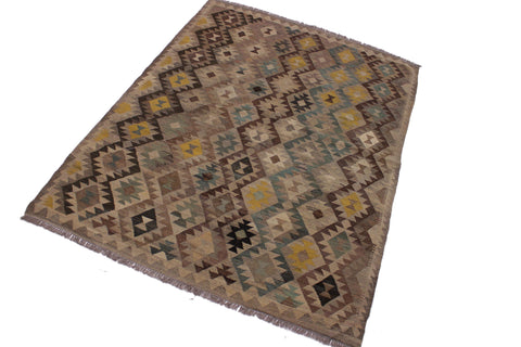 handmade Modern Kilim Tan Green Hand-Woven RECTANGLE 100% WOOL area rug 6 x 8