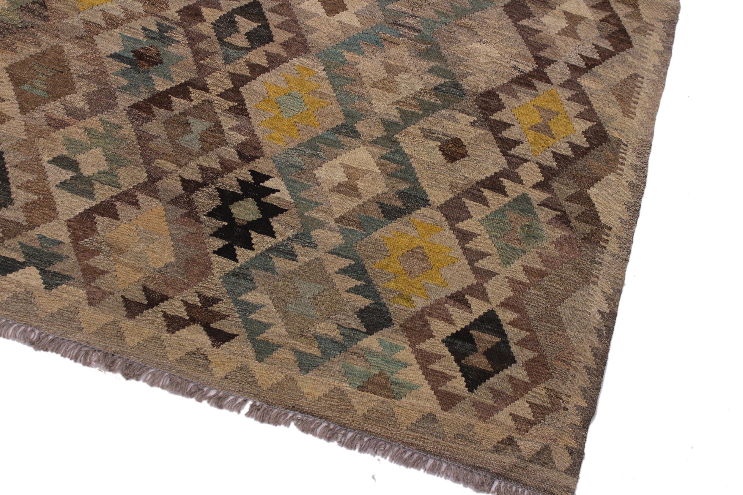 handmade Modern Kilim Tan Green Hand-Woven RECTANGLE 100% WOOL area rug 6 x 8
