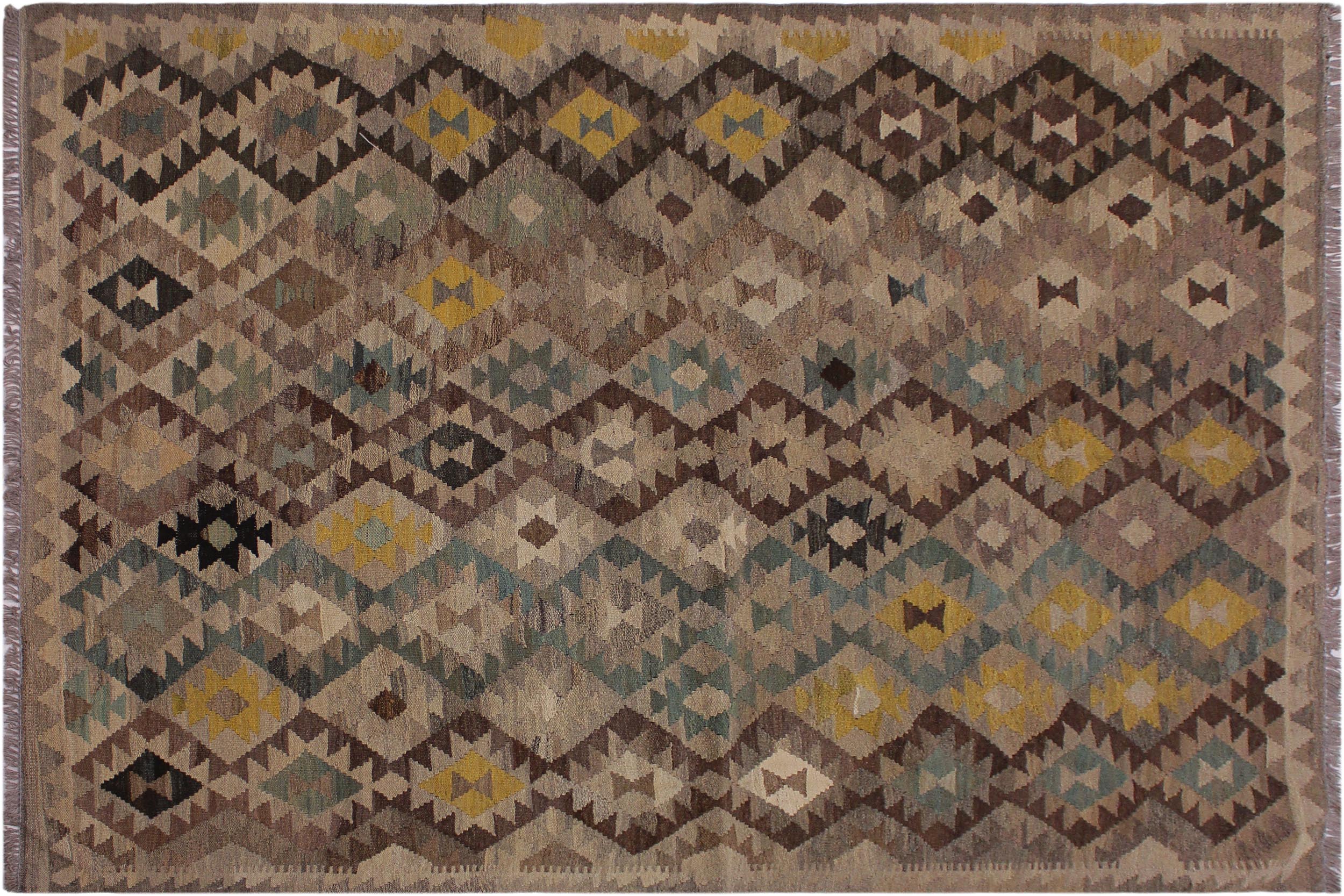 handmade Modern Kilim Tan Green Hand-Woven RECTANGLE 100% WOOL area rug 6 x 8