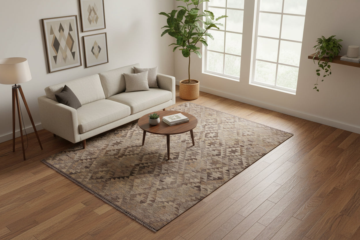 handmade Modern Kilim Tan Gray Hand-Woven RECTANGLE 100% WOOL area rug 6 x 8