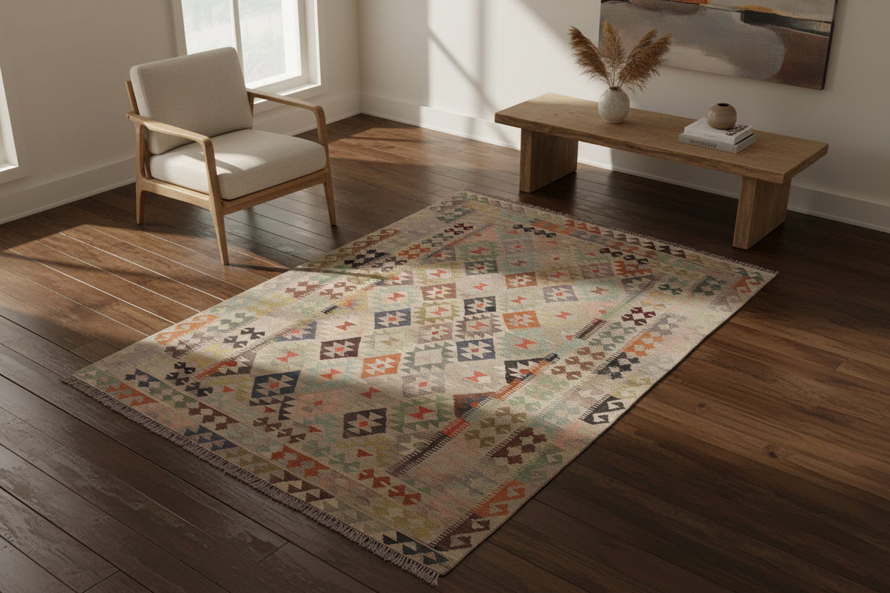 handmade Modern Kilim Tan Gray Hand-Woven RECTANGLE 100% WOOL area rug 6 x 8