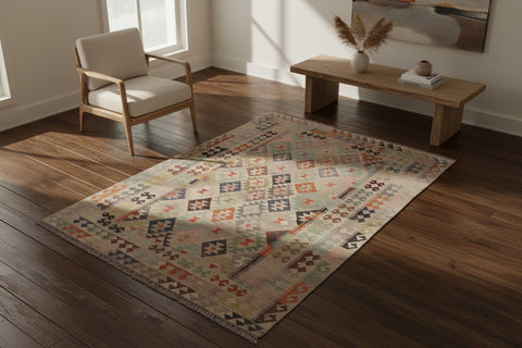 handmade Modern Kilim Tan Gray Hand-Woven RECTANGLE 100% WOOL area rug 6 x 8