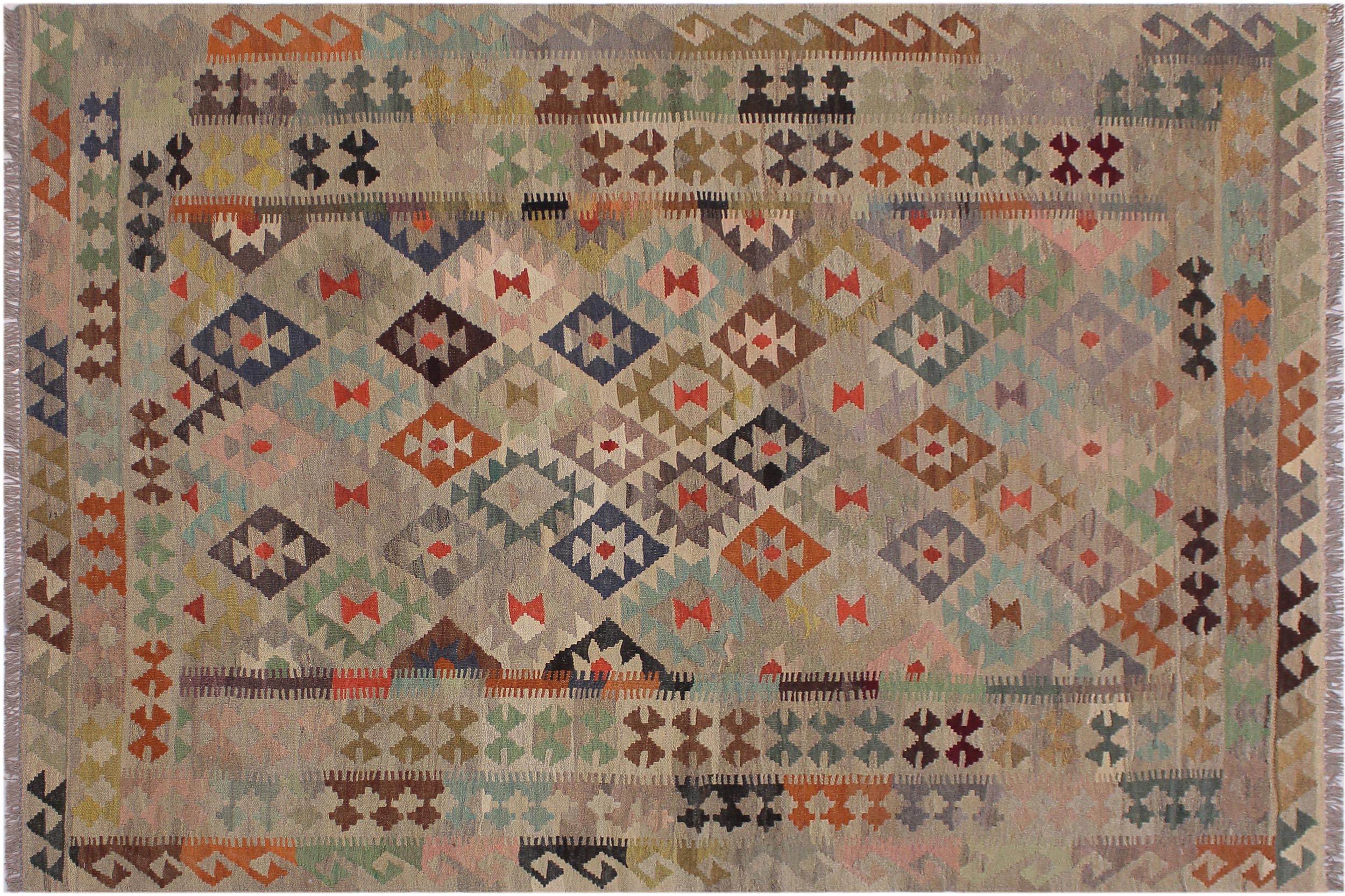 handmade Modern Kilim Tan Gray Hand-Woven RECTANGLE 100% WOOL area rug 6 x 8