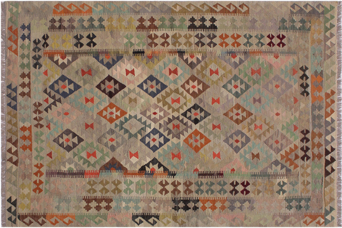 handmade Modern Kilim Tan Gray Hand-Woven RECTANGLE 100% WOOL area rug 6 x 8