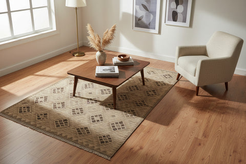handmade Modern Kilim Tan Gray Hand-Woven RECTANGLE 100% WOOL area rug 5 x 7