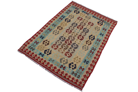 handmade Geometric Kilim Tan Red Hand-Woven RECTANGLE 100% WOOL area rug 5 x 7