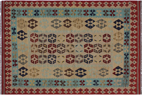 handmade Geometric Kilim Tan Red Hand-Woven RECTANGLE 100% WOOL area rug 5 x 7