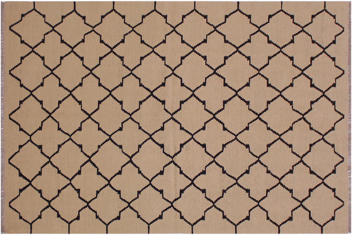 handmade Modern Kilim Beige Black Hand-Woven RECTANGLE 100% WOOL area rug 4 x 6