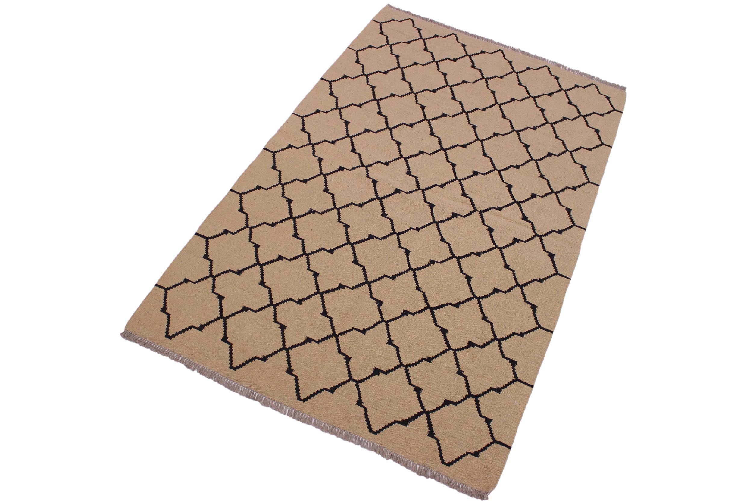 handmade Modern Kilim Beige Black Hand-Woven RECTANGLE 100% WOOL area rug 4 x 6