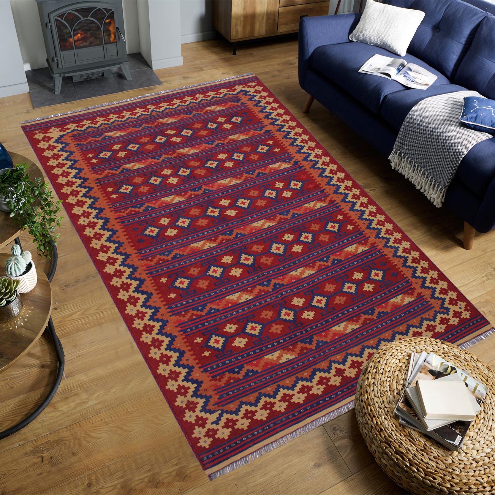 handmade Geometric Kilim Red Blue Hand-Woven RECTANGLE 100% WOOL area rug 6' x 9'