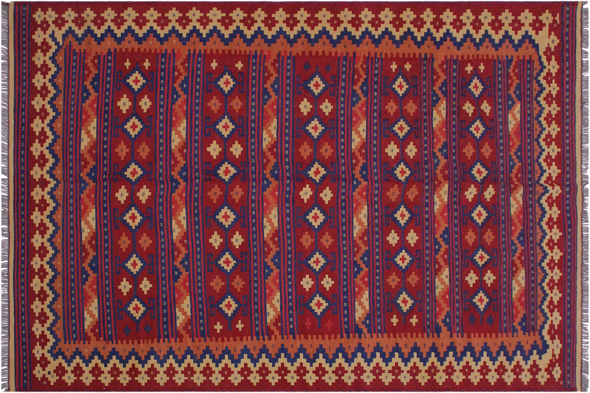 handmade Geometric Kilim Red Blue Hand-Woven RECTANGLE 100% WOOL area rug 6' x 9'