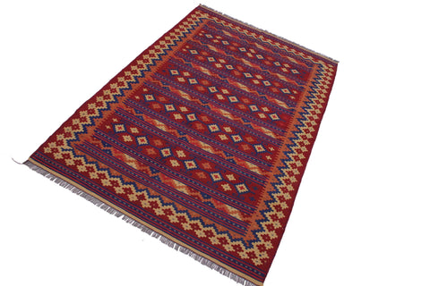 handmade Geometric Kilim Red Blue Hand-Woven RECTANGLE 100% WOOL area rug 6' x 9'